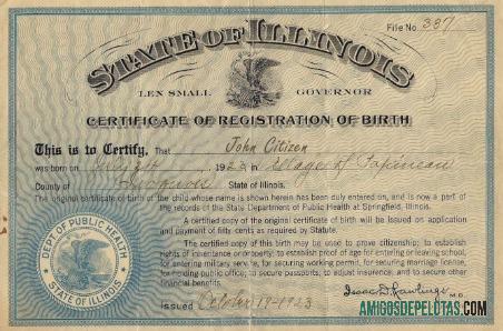 Certidão de nascimento da saúde pública do estado de Illinois nos Estados Unidos exemplo